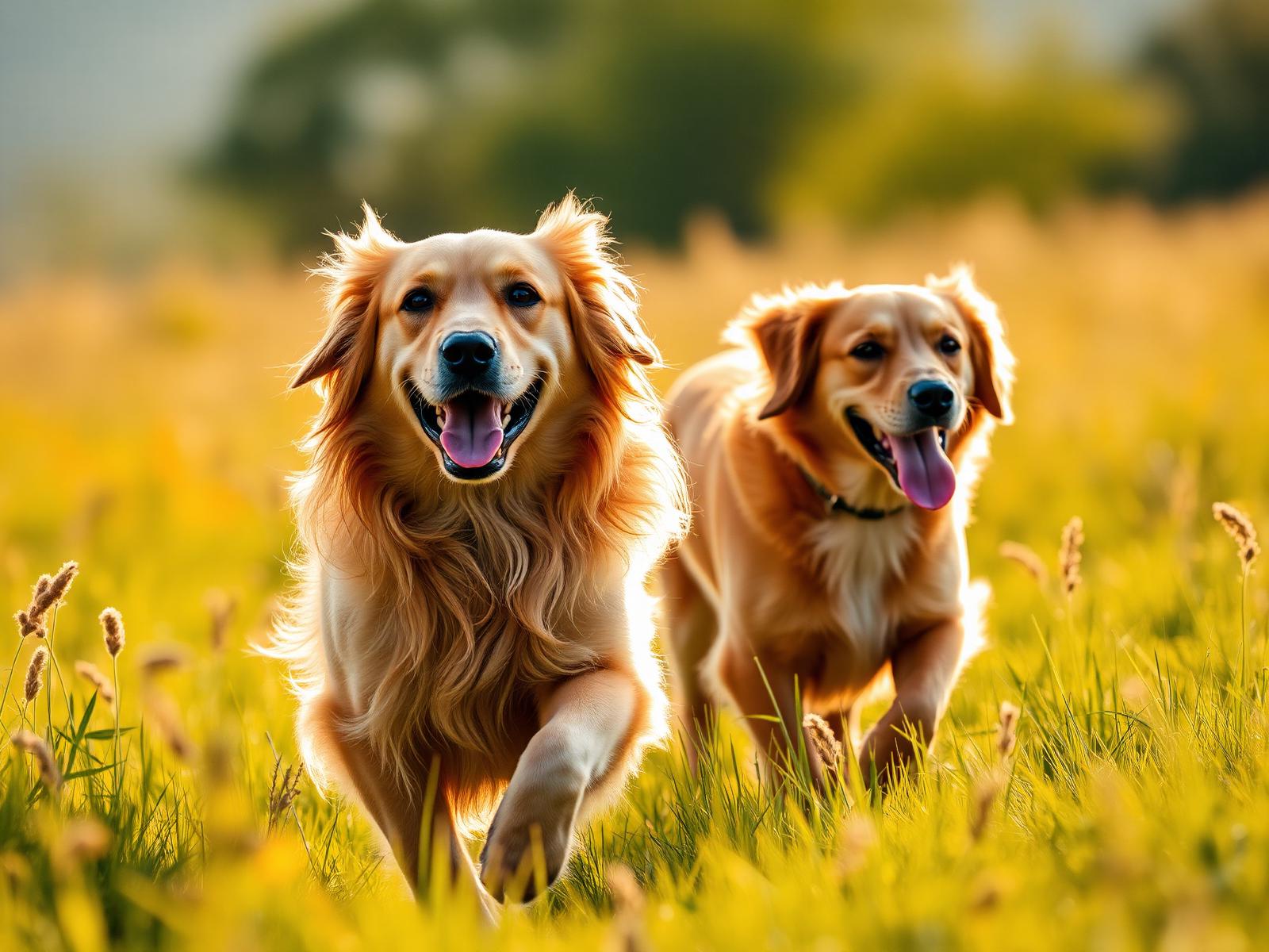 Two happy dogs running through a sunlit meadow